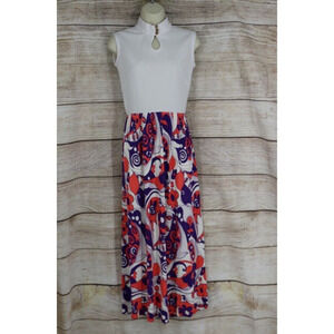 VINTAGE Sears Fashions Womens Sz Small Mock Neck Empire Floral Maxi Dress White